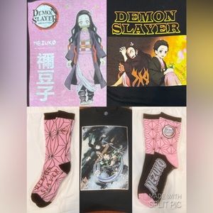 NWOT VGC Demon Slayer 3 T-shirts & 2 pair socks Nezuko Mugen Train Tanjiro Small
